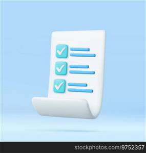 3d White paper task management todo check list, efficient work on project plan, fast summary, assignment and exam. 3D Rendering. Vector illustration. 3d White paper task management todo check list