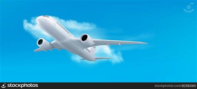 3d white plane flight in sky air vector travel concept. Realistic render of jet on blue background with cloud. Airline commercial banner for international fly on holiday. Charter aircraft takeoff.. 3d plane flight in sky air, realistic travel jet