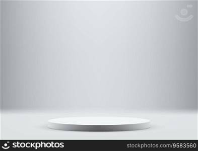 3D white podium in studio room is a perfect mockup for product display. The empty podium is on a gray wall background. Vector illustration