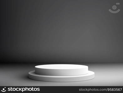 3D white podium in studio room is a perfect mockup for product display. The empty podium is on a gray wall background. Vector illustration