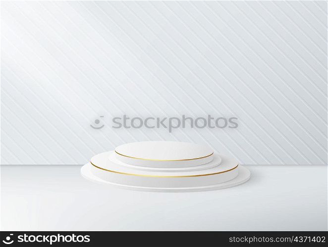 3D white podium luxury with golden line overlapping for display product. Minimal style concept. Vector illustration