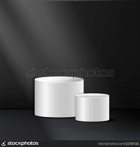 3D white podium luxury with overlapping for display product. Minimal style concept on studio room black background. Vector illustration