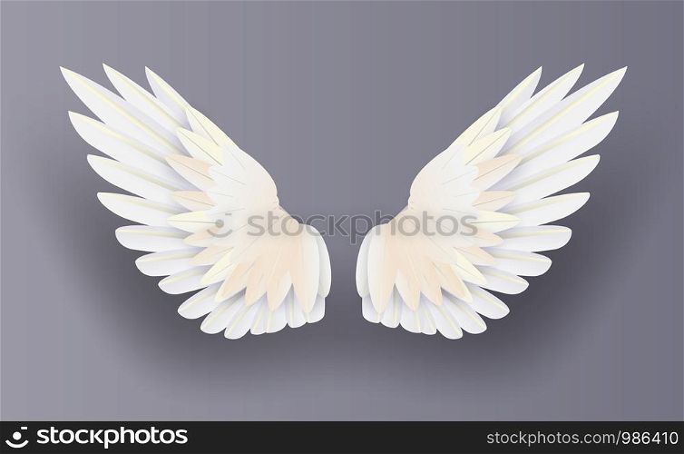 3D white realistic layered.Creative paper cut and craft style.Minimal angel wings on isolate background.Happy Valentines day decoration for greeting card.Collection angle flying vector.illustration.
