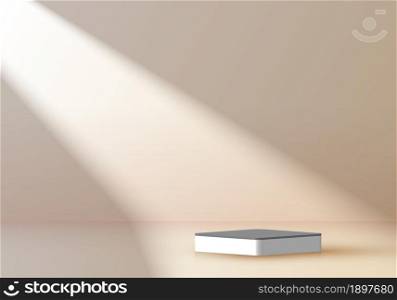3D white square pedestal, podium in empty room soft brown background with light and shadow. You can use for product display, presentation, showcase, etc. Vector illustration
