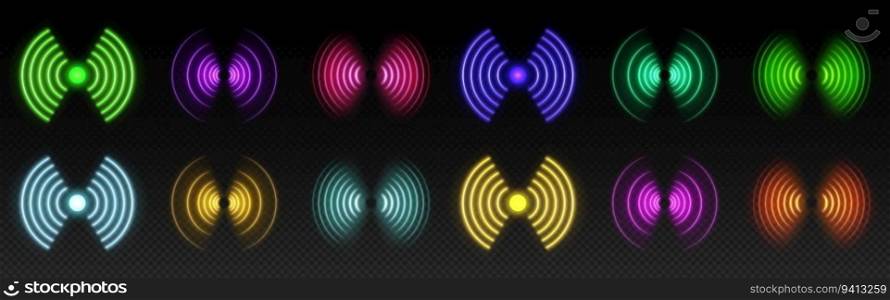3d wifi neon light symbol technology vector effect. Abstract wireless wave sign glow icon. Sound scan echolocation line concept. Futuristic radial mobile phone spot disc. Concentric sonar antenna. 3d wifi neon light symbol technology vector effect