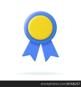 3d Winner medal with ribbon. Cartoon minimal style. Premium quality, quality guarantee symbol. 3d rendering Certificate Blank badge icon. Vector illustration. 3d Winner medal with ribbon.