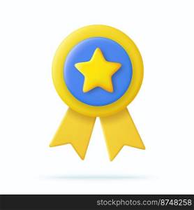 3d Winner medal with star and ribbon. Cartoon minimal style. Premium quality, quality guarantee symbol. 3d rendering Certificate Blank badge icon. Vector illustration. 3d Winner medal with ribbon.