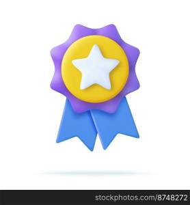 3d Winner medal with star and ribbon. Cartoon minimal style. Premium quality, quality guarantee symbol. 3d rendering Certificate Blank badge icon. Vector illustration. 3d Winner medal with ribbon.