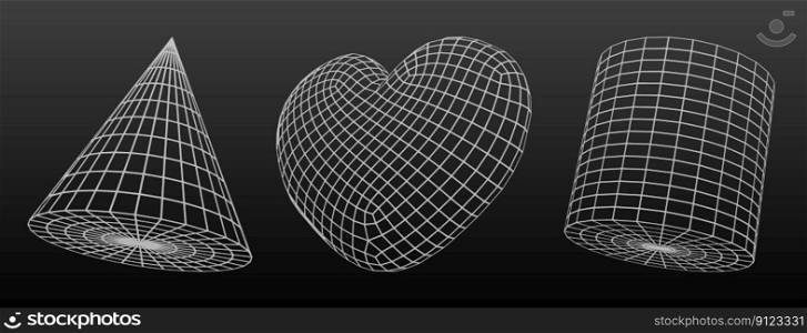 3d wireframe geometric shapes. Abstract geometry objects from line grid. Polygonal figures of heart, cone and cylinder in perspective view, vector outline illustration. 3d outline wireframe geometric shapes