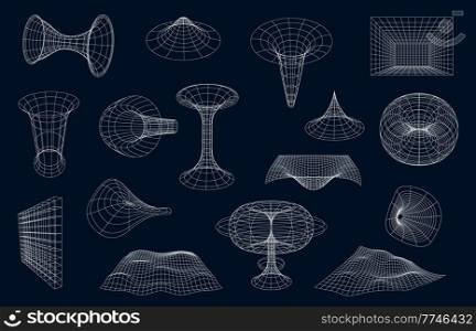 3d Wireframe geometric shapes, surface grid and sphere ball, torus and net, cyber globe. Vector science figures, objects, fractals and graphic forms circles. Waves, wire structures and constructions. Wireframe geometric shapes, surface grid or sphere