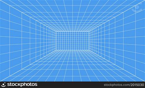 3d wireframe grid room. 3d perspective laser grid 16 9. Cyberspace blue background with white mesh. Futuristic digital hallway space in virtual reality. Vector illustration.. 3d wireframe grid room. 3d perspective laser grid 16 9. Cyberspace blue background with white mesh. Futuristic digital hallway space in virtual reality. Vector illustration