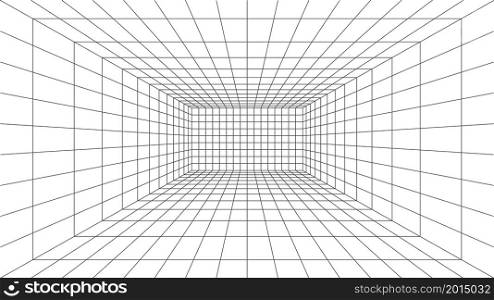 3d wireframe grid room. 3d perspective laser grid 16 9. Cyberspace white background with black mesh. Futuristic digital hallway space in virtual reality. Vector illustration.. 3d wireframe grid room. 3d perspective laser grid 16 9. Cyberspace white background with black mesh. Futuristic digital hallway space in virtual reality. Vector illustration