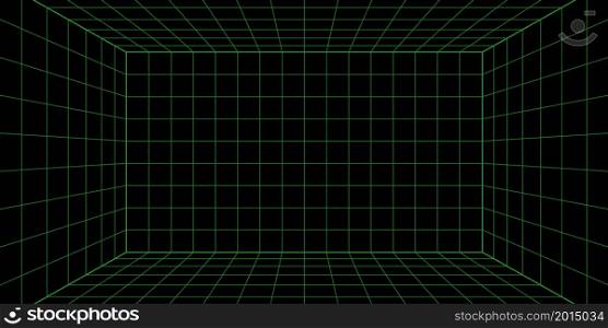 3d wireframe grid room. 3d perspective laser grid 16 9. Cyberspace black background with green mesh. Futuristic digital hallway space in virtual reality. Vector illustration.. 3d wireframe grid room. 3d perspective laser grid 16 9. Cyberspace black background with green mesh. Futuristic digital hallway space in virtual reality. Vector illustration