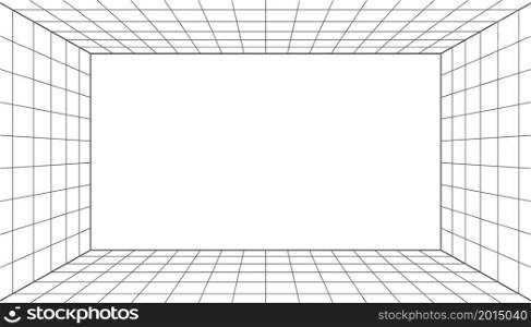3d wireframe grid room. 3d perspective laser grid 16 9. Cyberspace white background with black mesh. Futuristic digital hallway space in virtual reality. Vector illustration.. 3d wireframe grid room. 3d perspective laser grid 16 9. Cyberspace white background with black mesh. Futuristic digital hallway space in virtual reality. Vector illustration