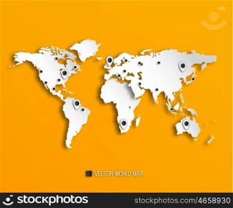 3D World Map With Shadows And Marks On A Bright Orange Background