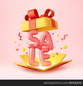 3d Xmas sale present. Merry Christmas and Happy New Year. Background with realistic 3d yellow open gifts box. 3d rendering. Vector illustration. Merry Christmas and Happy New Year.