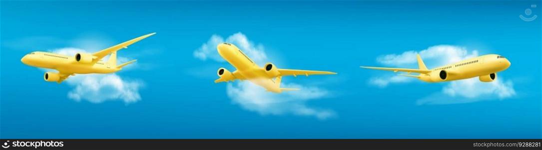 3d yellow airplane flying on blue sky landscape background with cloud, vector illustration, Realistic banner with blank passenger jet flight, bottom view, aviation concept or vacation trip ads mockup. 3d yellow airplane flying on blue sky landscape