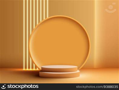 3D yellow podium and circle backdrop in yellow color background. Accentuated by neon lights, this interior concept showcase is a perfect way to display your products. Vector illustration