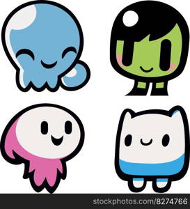 4 cheerful cute kawaii avatar icons over white