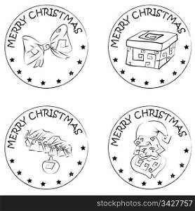 4 christmas coin stamps isolated on white with santa claus and merry christmas text, santa claus head, present, pine branch and bow