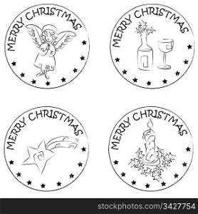 4 christmas coin stamps isolated on white with stars and merry christmas text, angel, xmas candle, comet, glass and bottle of wine