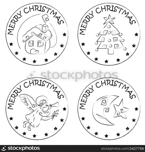 4 christmas coin stamps isolated on white with stars and merry christmas text, snow house, xmas tree, angel, moon and comet