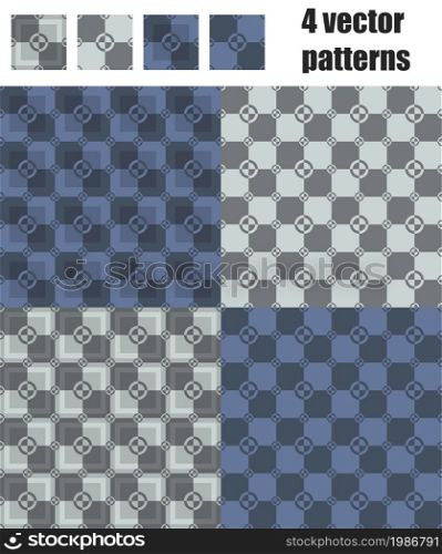 4 circle and square vector patterns set in gray and dark blue colors. 3d square and circle pattern 4x1 gray-dark blue