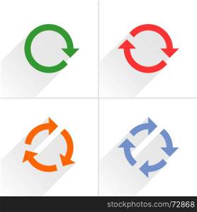 4 color arrow loop, refresh, reload, rotation icon. Volume 02. Flat icon with gray long shadow on white background. Simple, solid, plain, minimal style. Vector illustration web design elements 8 eps. Color arrow loop, refresh, reload, rotation sign