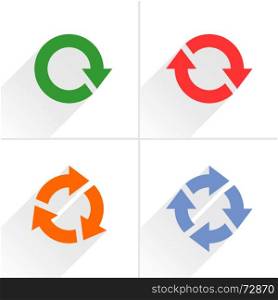 4 color arrow loop, refresh, reload, rotation icon. Volume 03. Flat icon with gray long shadow on white background. Simple, solid, plain, minimal style. Vector illustration web design elements 8 eps. Color arrow loop, refresh, reload, rotation sign