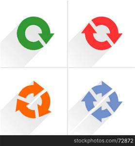4 color arrow loop, refresh, reload, rotation icon. Volume 04. Flat icon with gray long shadow on white background. Simple, solid, plain, minimal style. Vector illustration web design elements 8 eps. Color arrow loop, refresh, reload, rotation sign