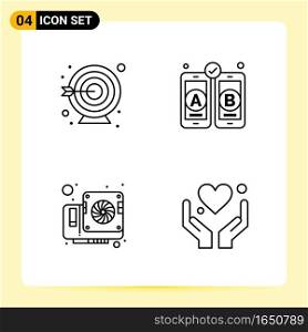 4 Creative Icons for Modern website design and responsive mobile apps. 4 Outline Symbols Signs on White Background. 4 Icon Pack.. Creative Black Icon vector background