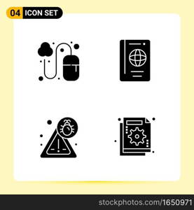 4 Creative Icons for Modern website design and responsive mobile apps. 4 Glyph Symbols Signs on White Background. 4 Icon Pack.. Creative Black Icon vector background