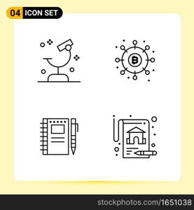 4 Creative Icons for Modern website design and responsive mobile apps. 4 Outline Symbols Signs on White Background. 4 Icon Pack.. Creative Black Icon vector background