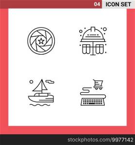 4 Creative Icons Modern Signs and Symbols of aperture, boat, movie, test tubes, transport Editable Vector Design Elements