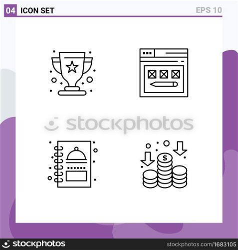 4 Creative Icons Modern Signs and Symbols of cup, kitchen, champion, web, menu book Editable Vector Design Elements