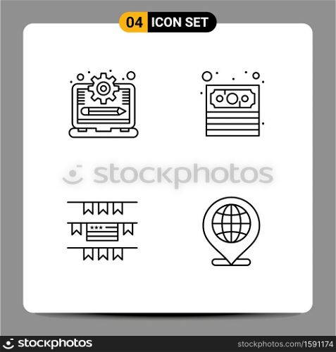 4 Creative Icons Modern Signs and Symbols of laptop, american, progress, payment, globe Editable Vector Design Elements