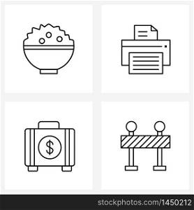 4 Editable Vector Line Icons and Modern Symbols of bowl, briefcase, rice, printer, block Vector Illustration