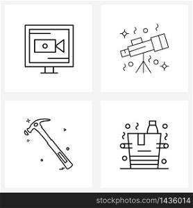 4 Editable Vector Line Icons and Modern Symbols of camera; hardware; screen; universe; hammer Vector Illustration