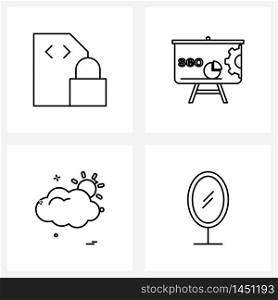 4 Editable Vector Line Icons and Modern Symbols of data, cloud, locked, board, sun Vector Illustration