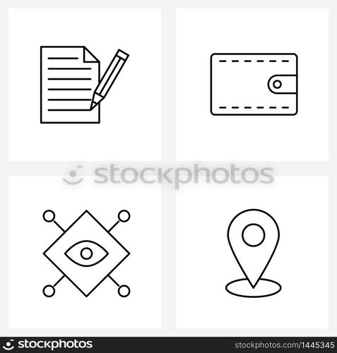 4 Editable Vector Line Icons and Modern Symbols of document, gps, wallet, eye, location pointer Vector Illustration