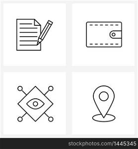4 Editable Vector Line Icons and Modern Symbols of document, gps, wallet, eye, location pointer Vector Illustration