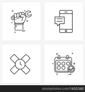 4 Editable Vector Line Icons and Modern Symbols of labour, clock, wrench, chat, calendar Vector Illustration