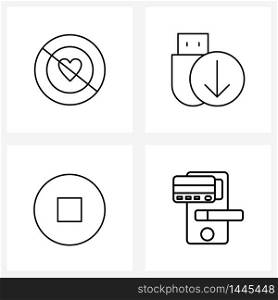 4 Editable Vector Line Icons and Modern Symbols of no, media, valentine, device, stop Vector Illustration