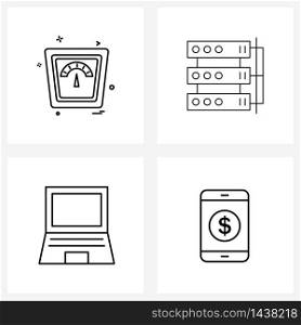 4 Editable Vector Line Icons and Modern Symbols of weight machine; mobile; server; laptop; transaction Vector Illustration
