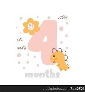 4 four months anniversary card. Baby shower print with cute animal dino and flowers capturing all special moments. Baby milestone card for newborn girl.. 4 four months anniversary card. Baby shower print with cute animal dino and flowers capturing all special moments. Baby milestone card for newborn girl