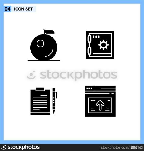 4 Icons. Solid style Creative Glyph Symbols. Black Solid Icon Sign Isolated on White Background.. Creative Black Icon vector background