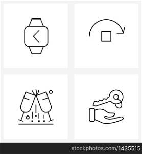 4 Interface Line Icon Set of modern symbols on arrow back; glass; timer; right; water Vector Illustration
