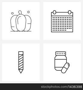 4 Interface Line Icon Set of modern symbols on bell, pen, vegetable, event, medicine Vector Illustration