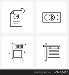 4 Interface Line Icon Set of modern symbols on business documents, sim card, bill, money, hotel Vector Illustration