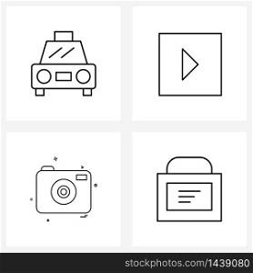4 Interface Line Icon Set of modern symbols on car, lenses, transportation, media button, camera Vector Illustration